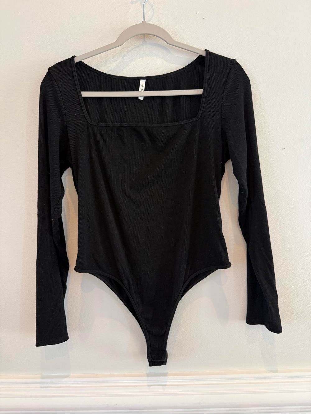 HALARA Black Long-Sleeve Square Neck Ribbed Bodysuit Snap Button Fasteners XL